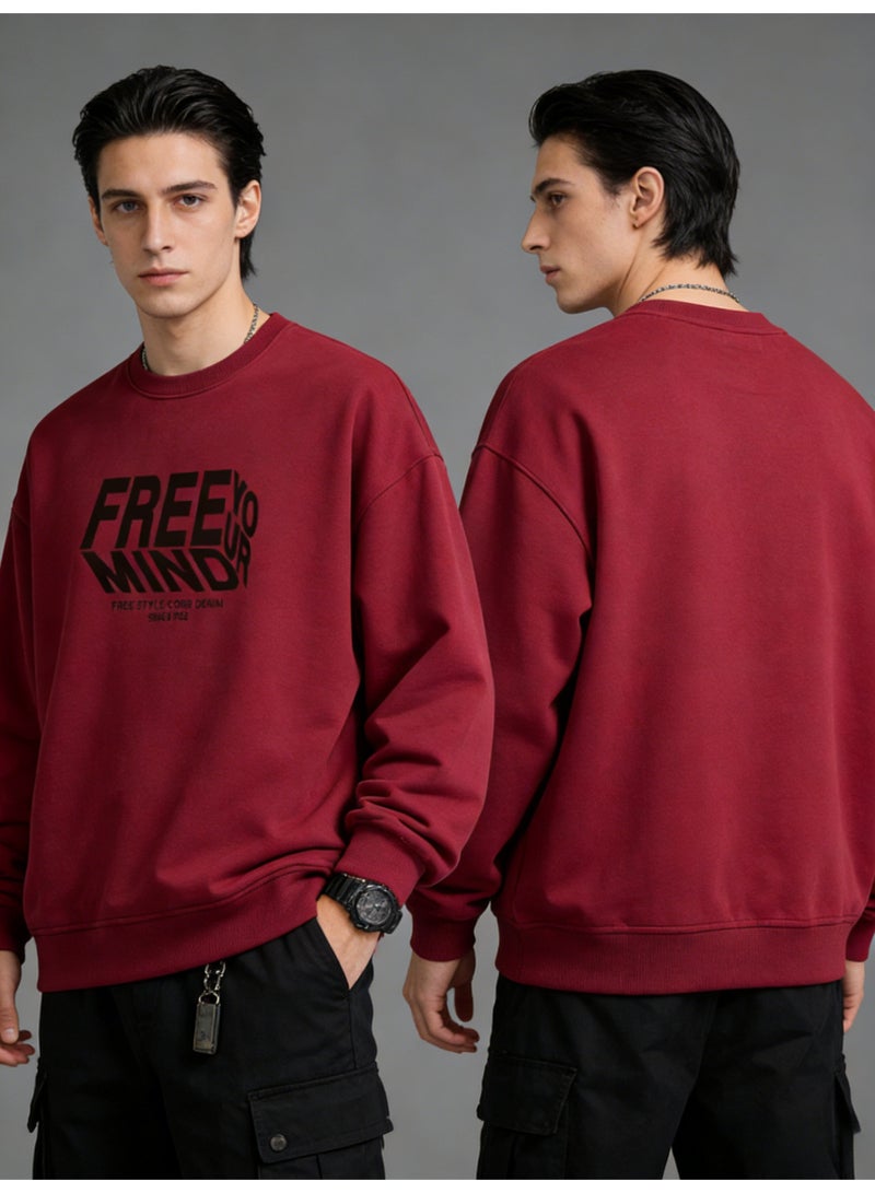 BM INS Burgundy "FREE YOUR MIND" Deconstructed Letter Oversized Crew Neck Sweatshirt | Unisex Streetwear Pullover With Slogan Print - Image 1